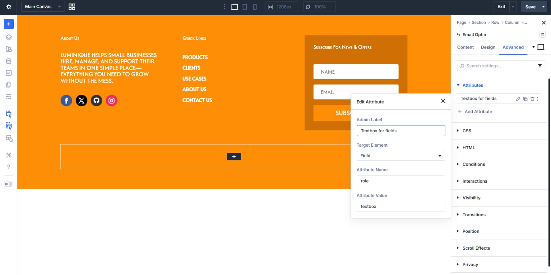 A screenshot of adding the textbox role to the footer optin