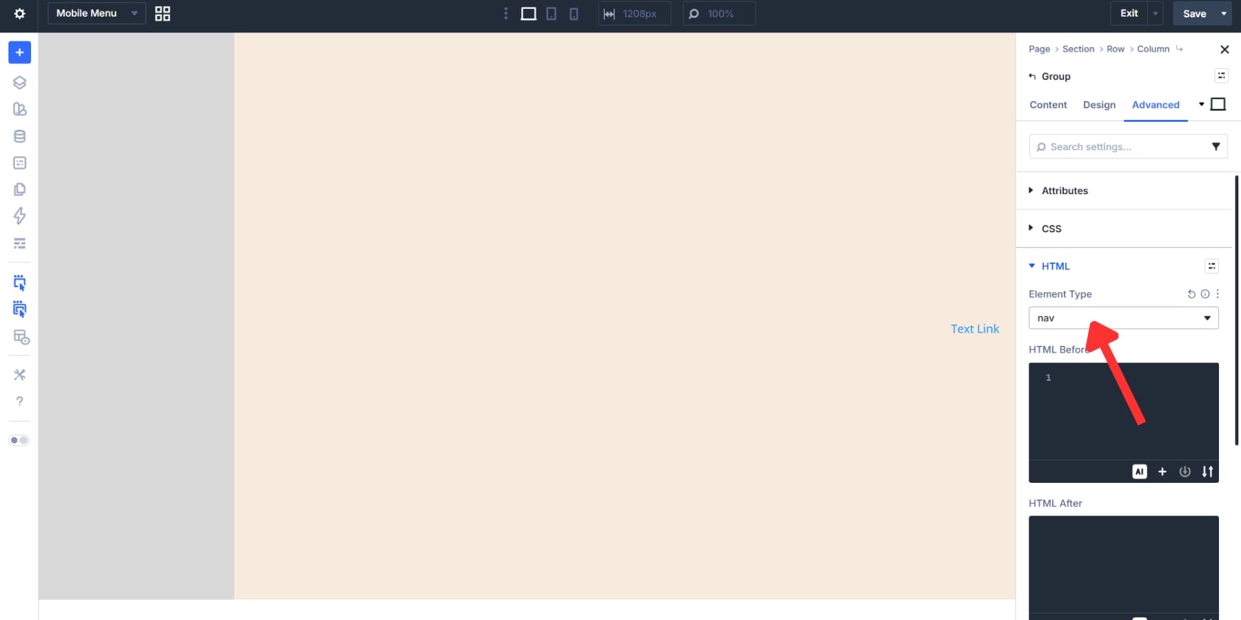 A screenshot of applying nav element type to HTML to the element group