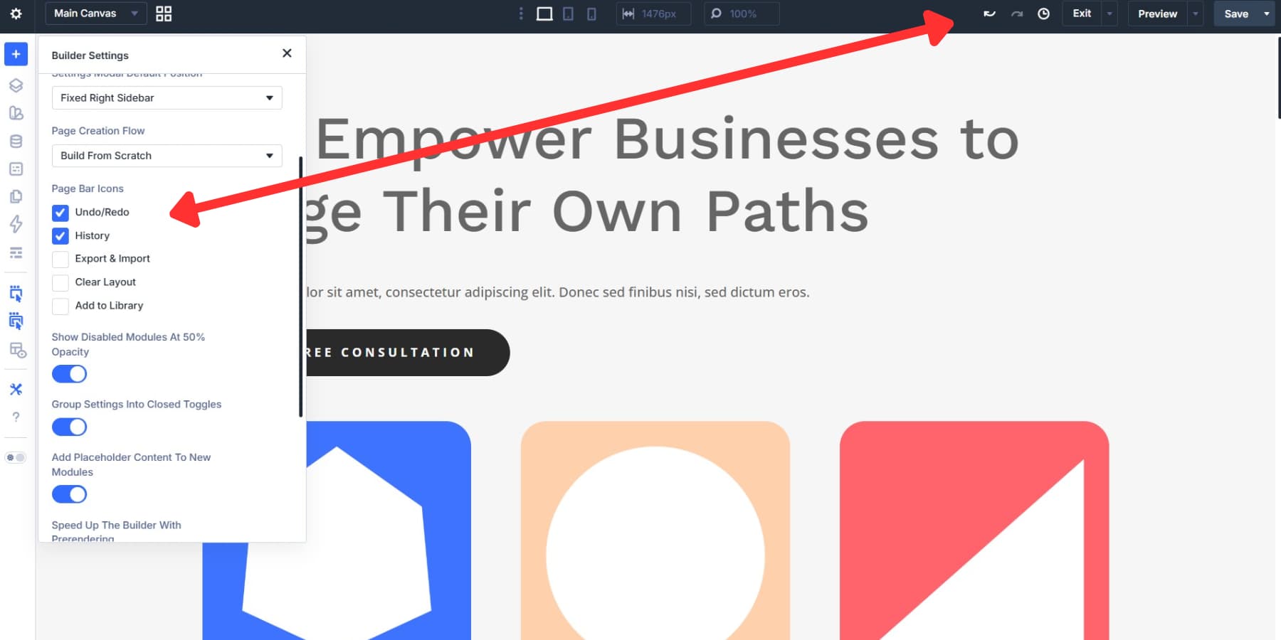 A screenshot of enabling undo/redo and history page bar icons in Divi 5's builder settings
