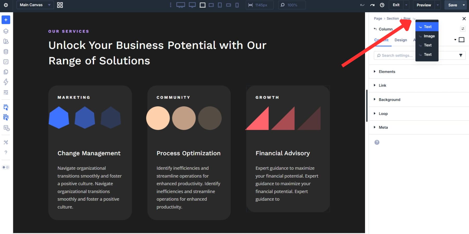 A screenshot of how drill-downs appear in Divi 5's module setting panels