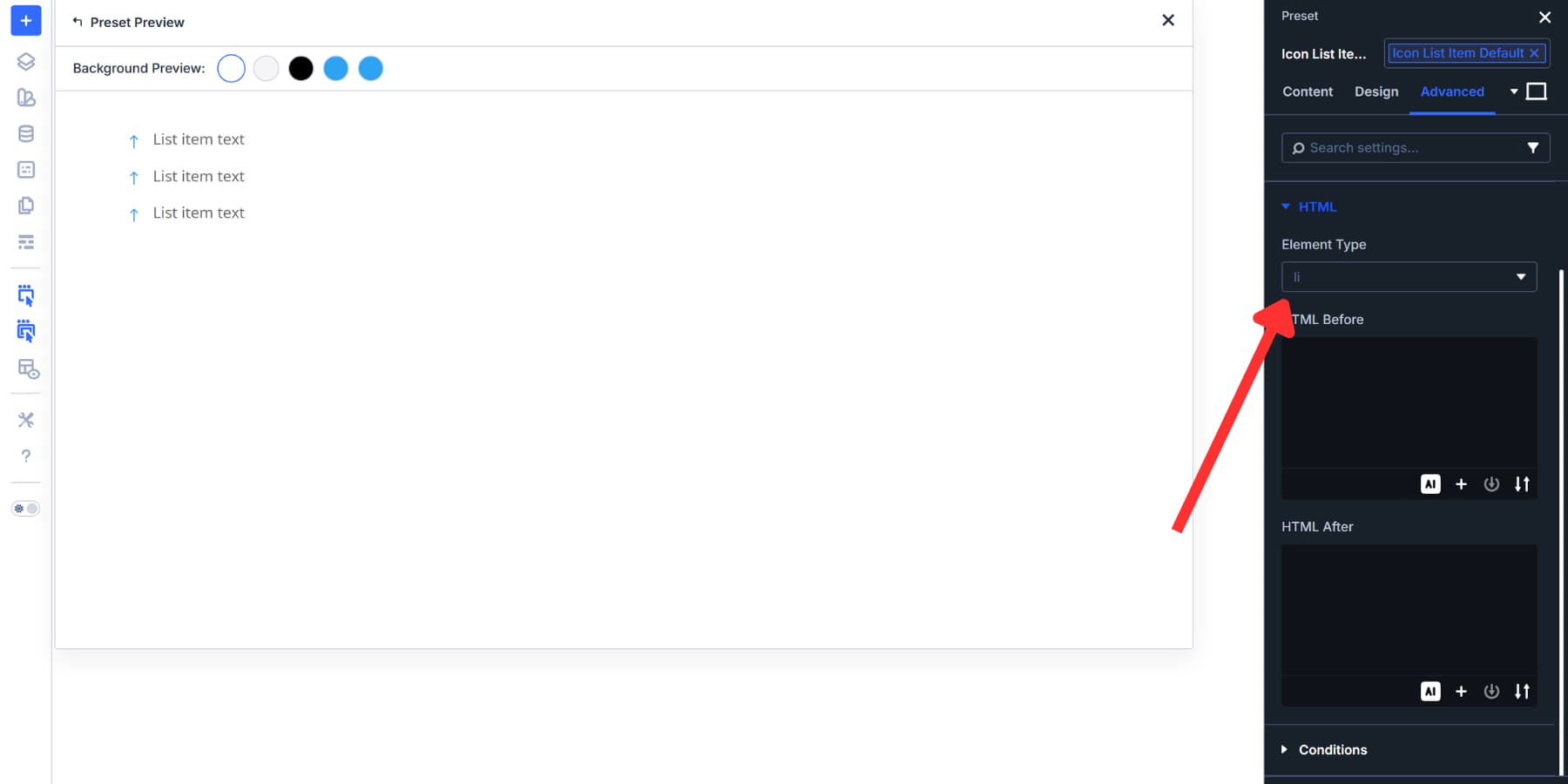 A screenshot of how to add a HTML element type to Element Preset with li as the type
