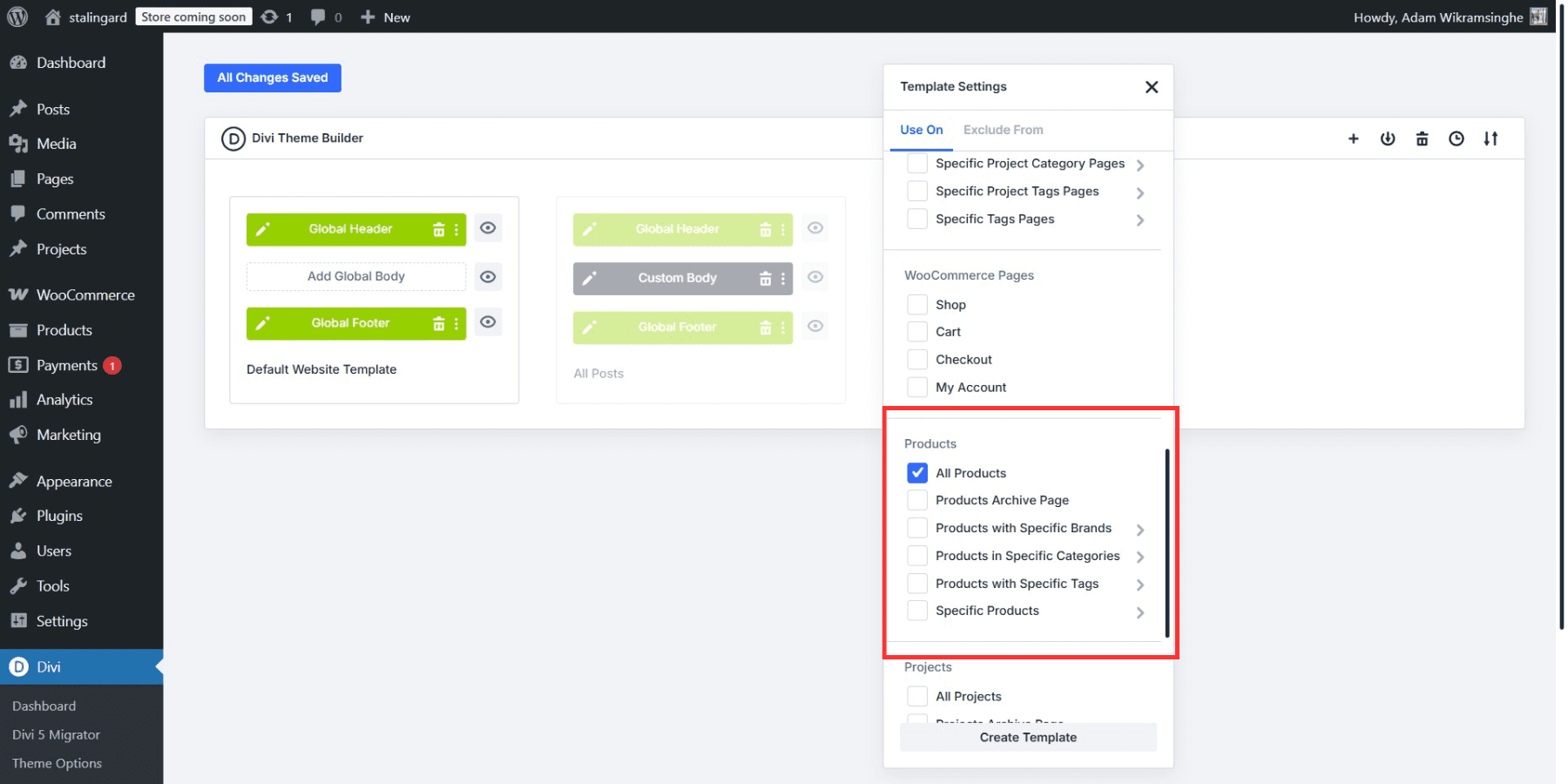 A screenshot of how to select the products as the template target in Divi 5's theme builder