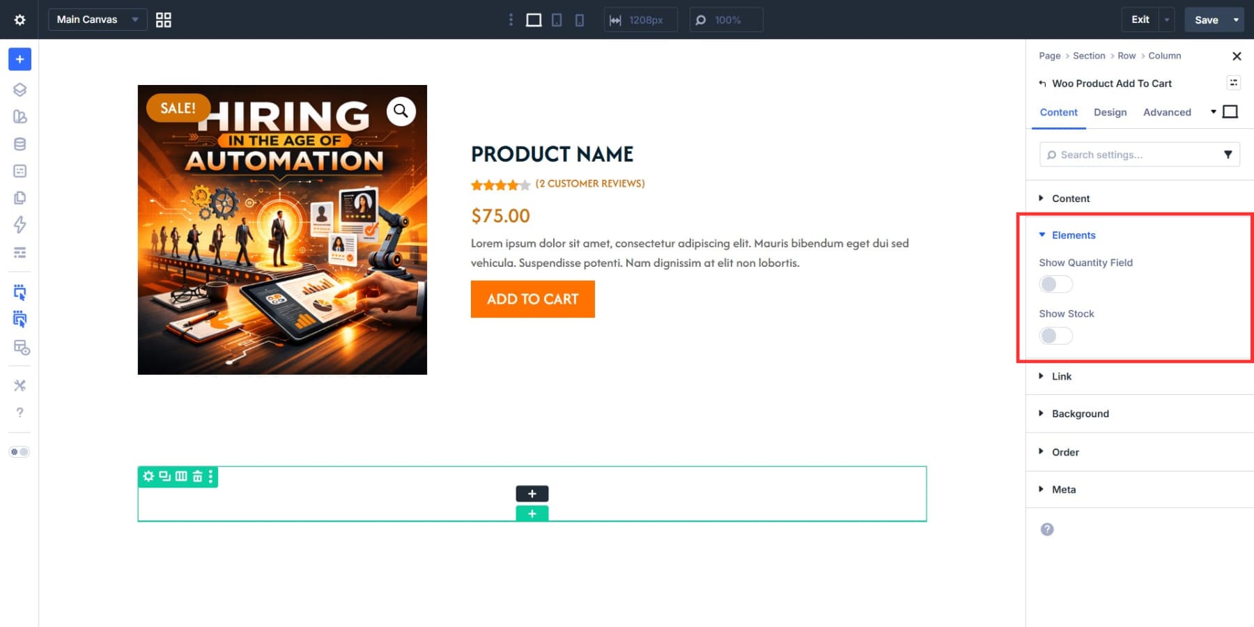 A screenshot of options available to hide or show elements in the add to cart module in Divi 5