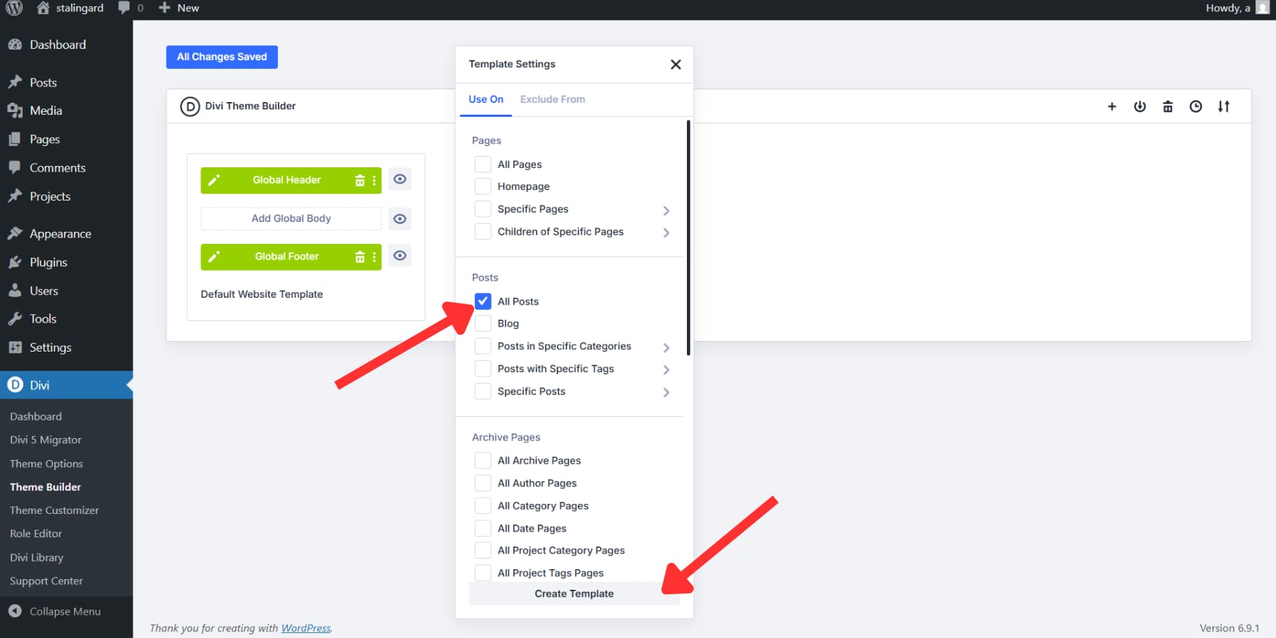 A screenshot of selecting the scope of the new template in Divi 5's theme builder
