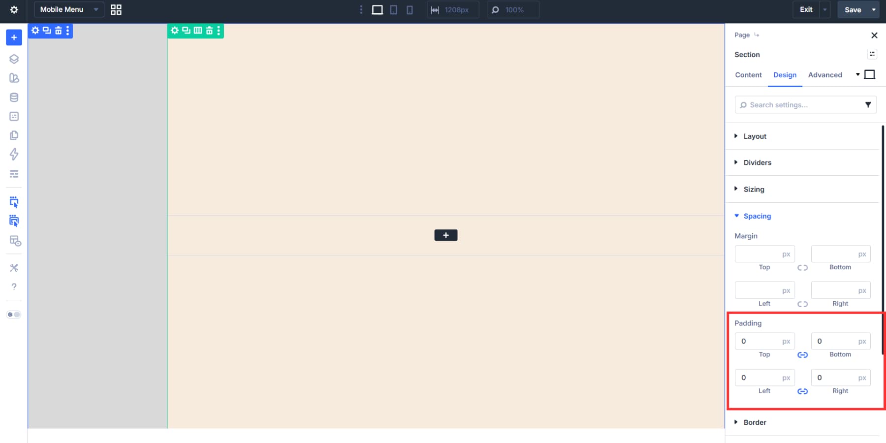 A screenshot of setting the padding of the section to 0