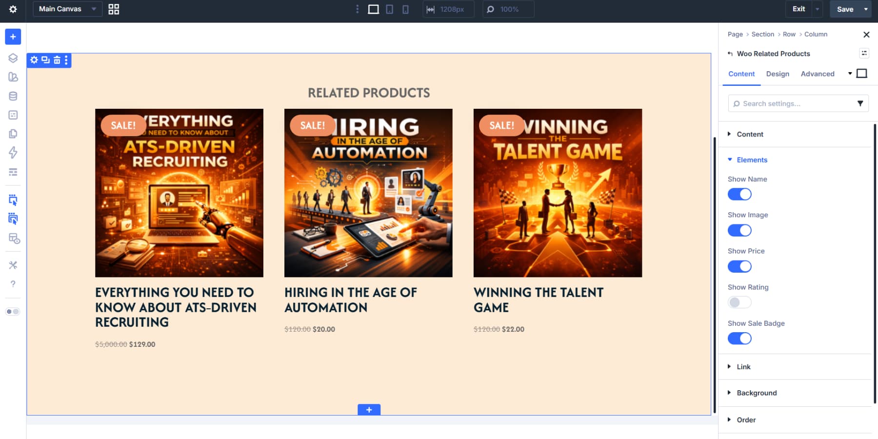 A screenshot of the Woo Related Products styling and element management in Divi 5