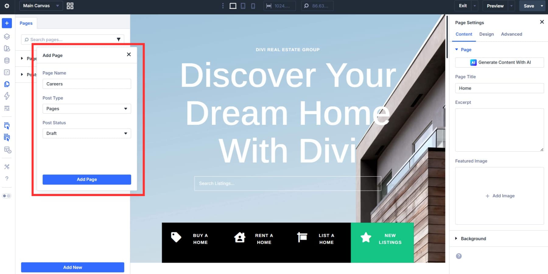 A screenshot of the add page popup with all options in page manager in Divi 5