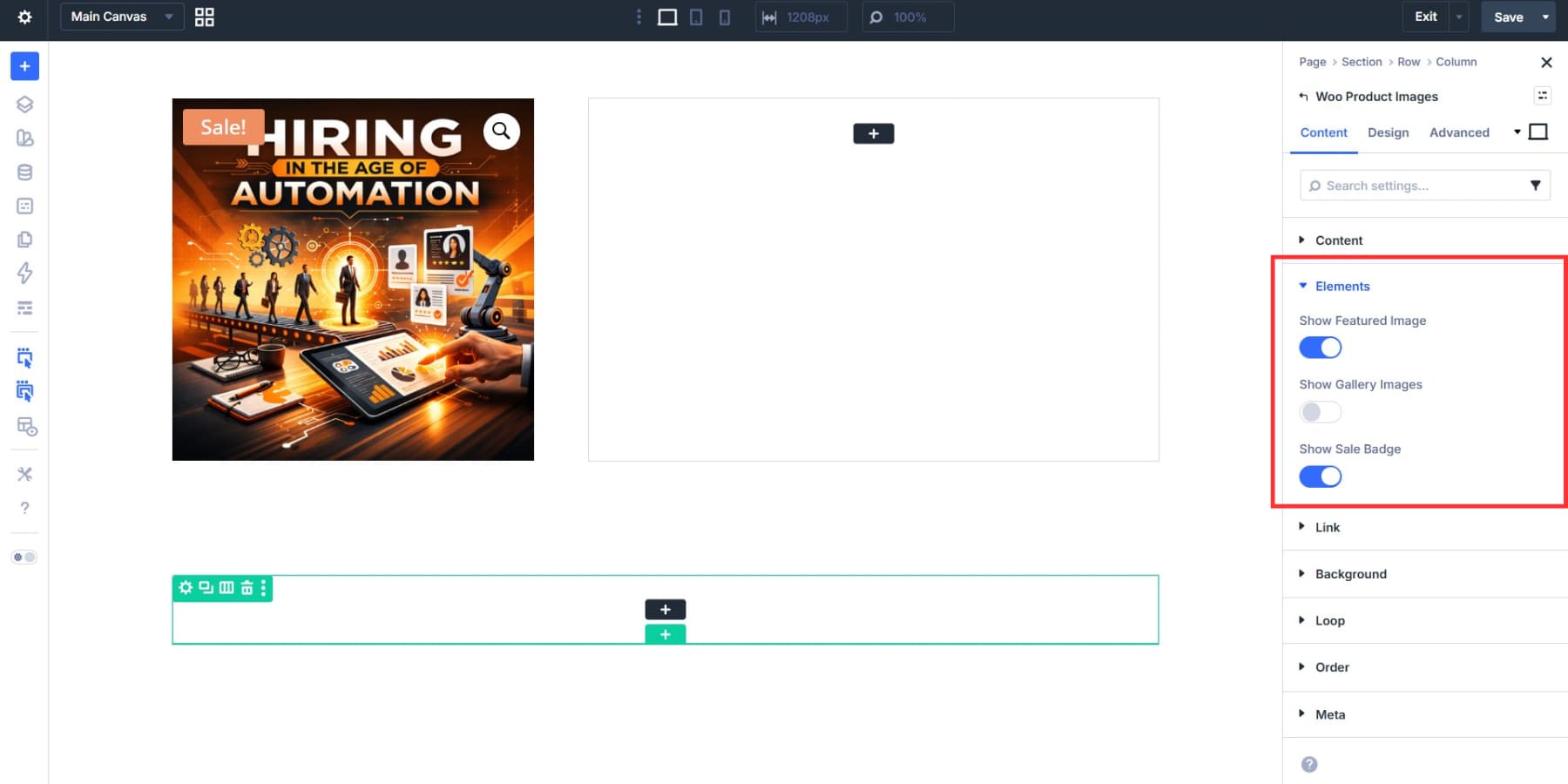 A screenshot of the elements tab and the options beneath it in the Woo Product Images module for Divi 5's WooCommerce product templates
