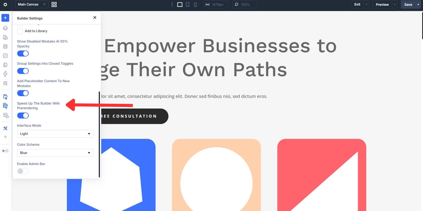 A screenshot of the prerendering option available in Divi 5's builder settings