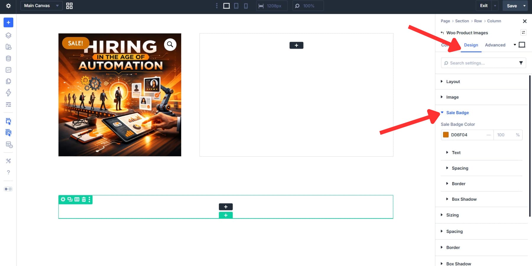 A screenshot of where the sale badge styling options are available in Divi 5's product image module