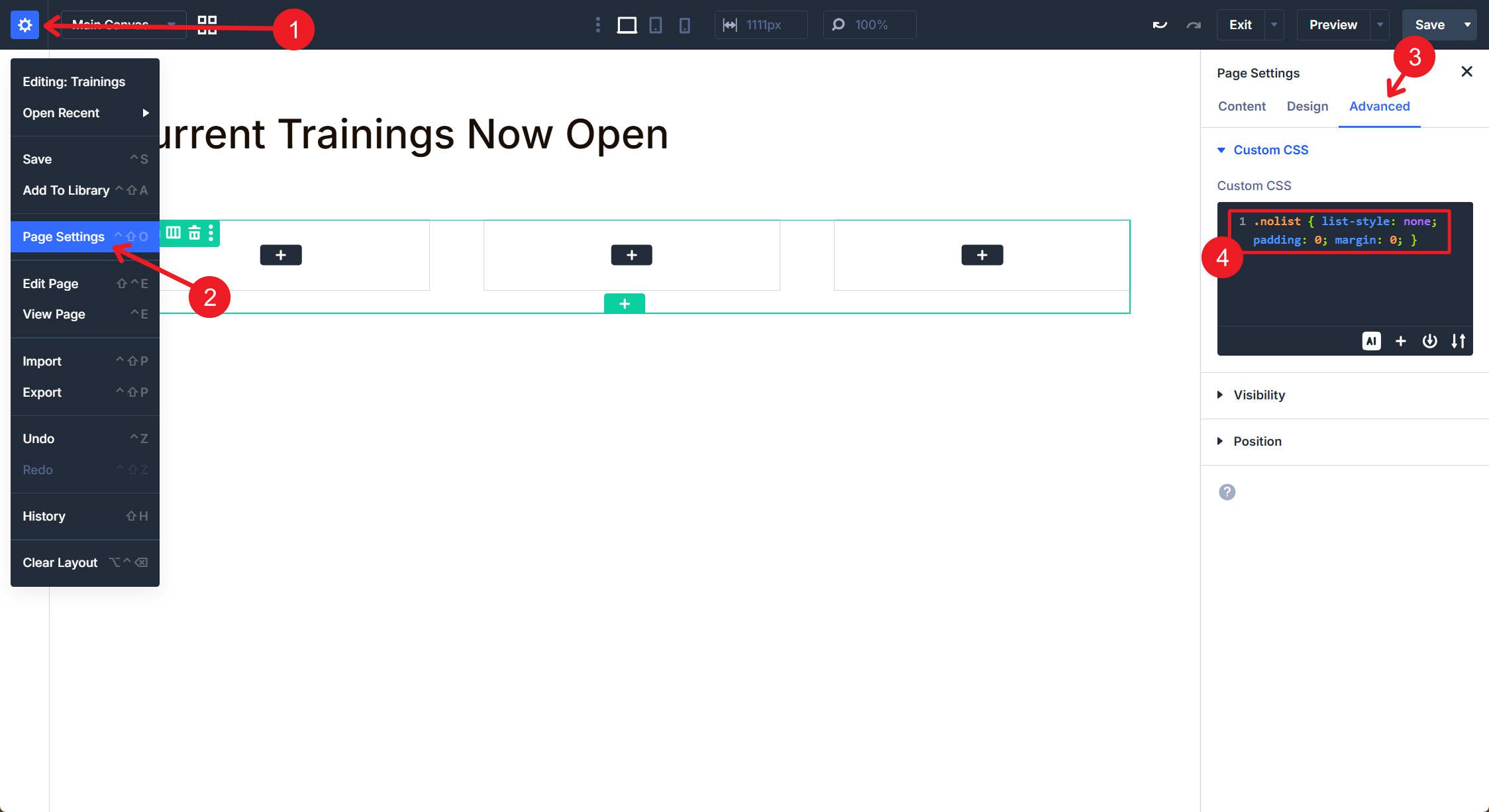 Add nolist custom CSS to page settings, theme options, or as a CSS option preset