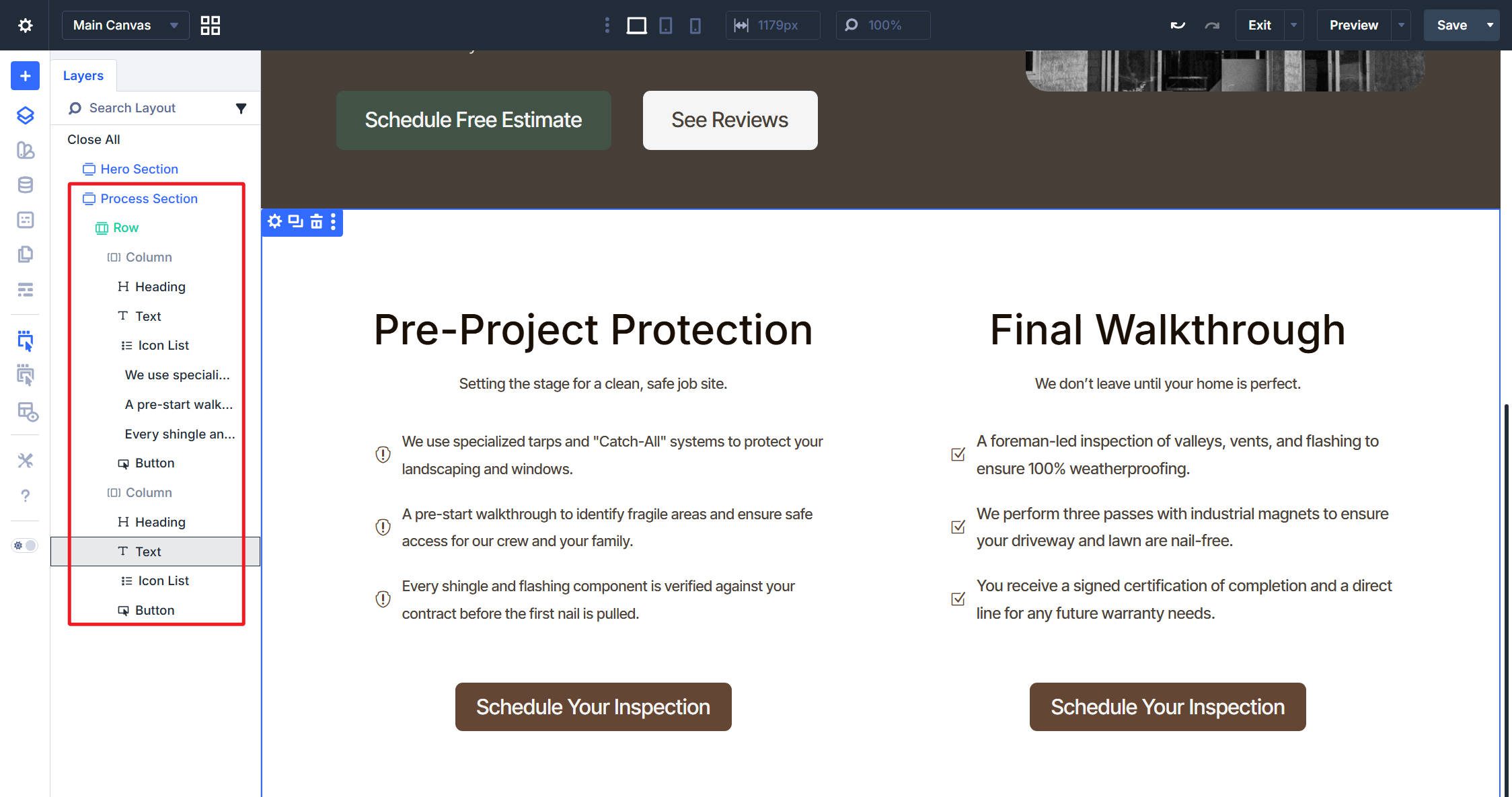 Container and Module Setup of the Process Section