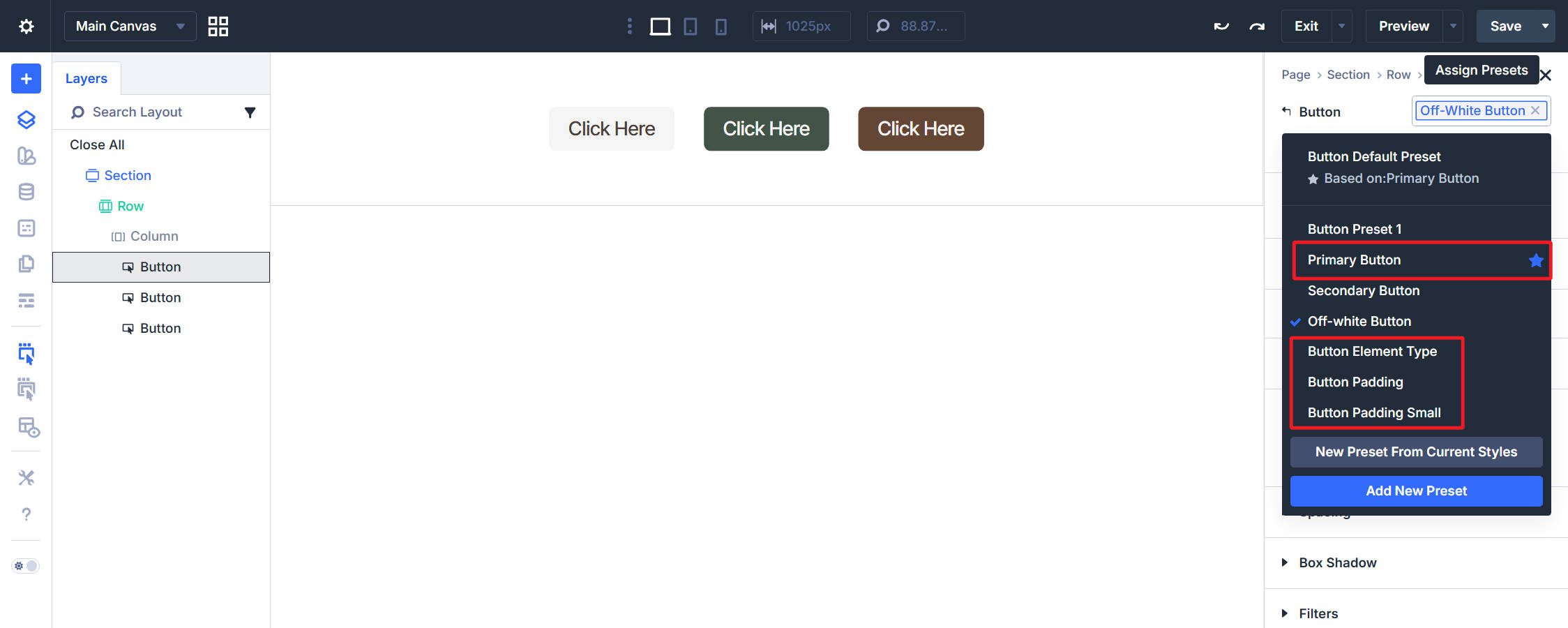 Primary Button as Default and Additional Element Presets for Quick Styling a Button