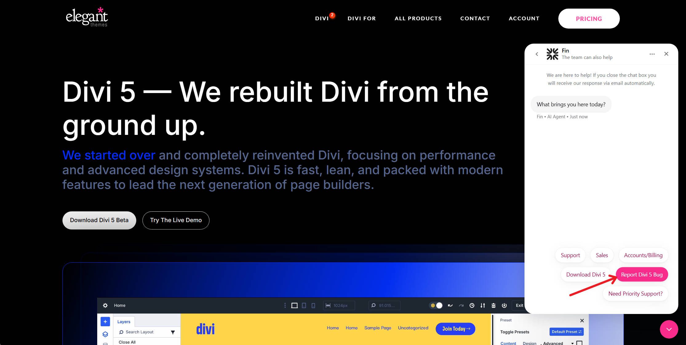 Report Divi 5 Bugs On the Website in the Support Bubble Bottom Right