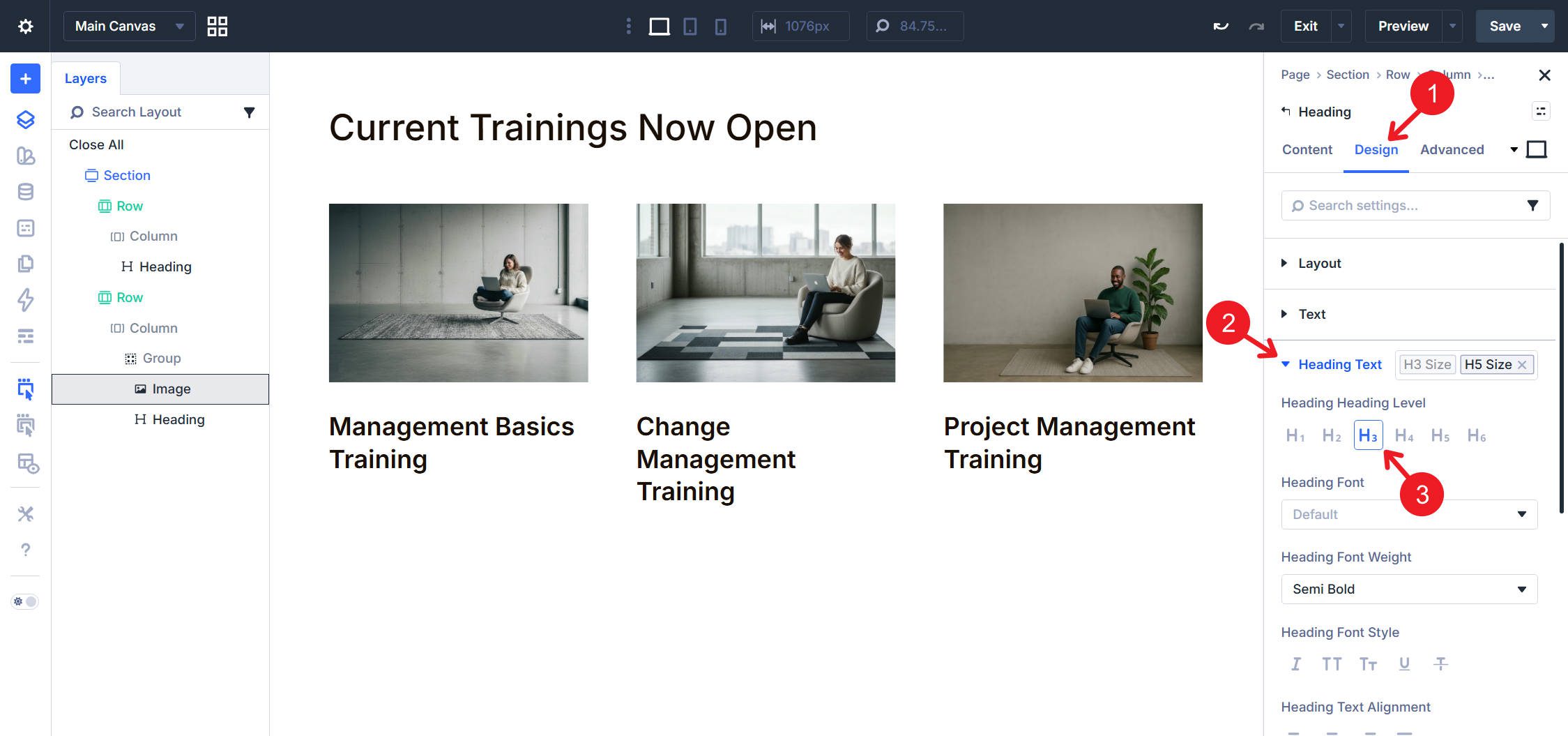 Set the Heading Level of the Heading Module to H3