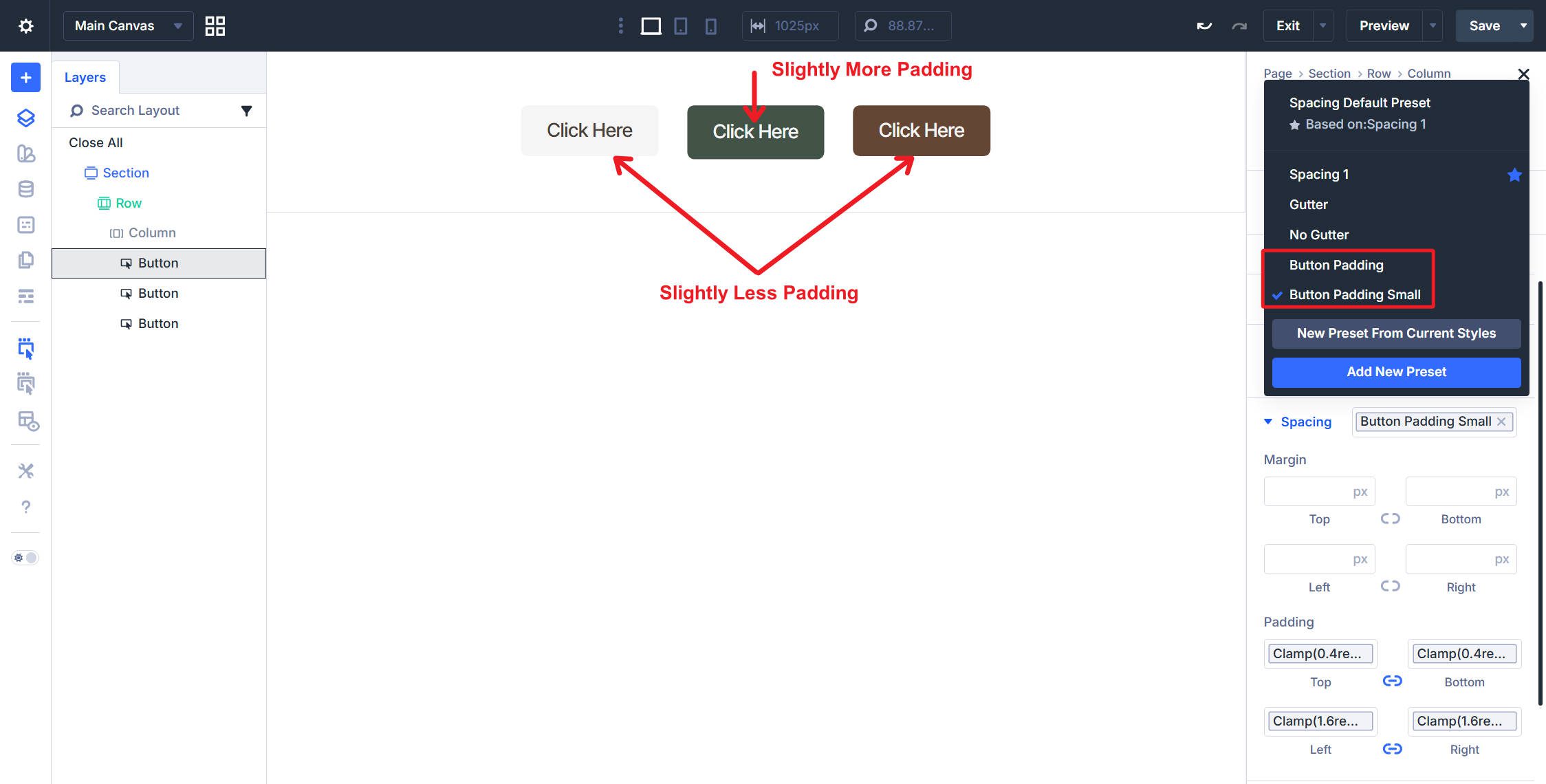 Small and Normal Button Padding Options Examples