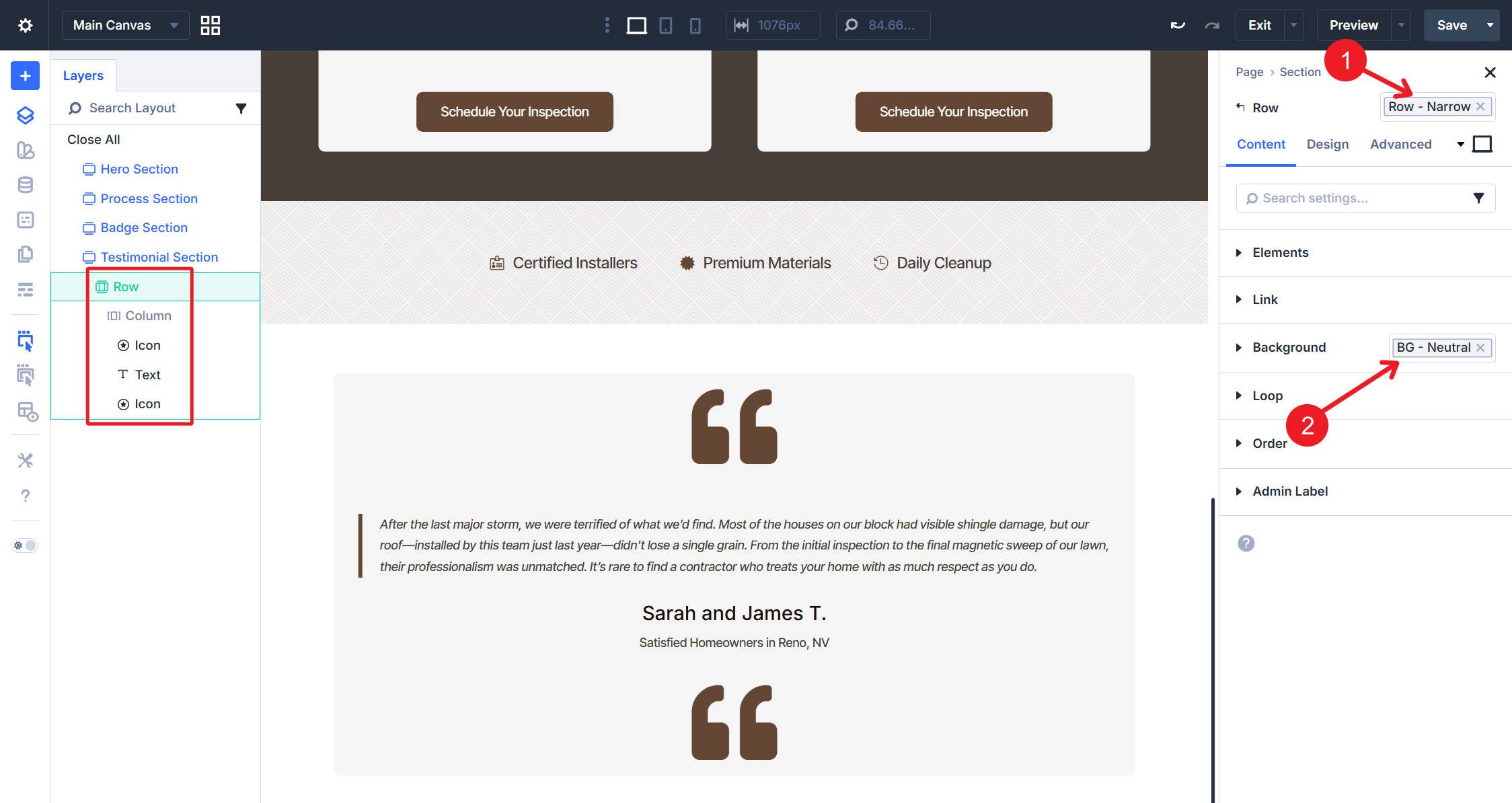 Testimonial Section Structure and Row Styles