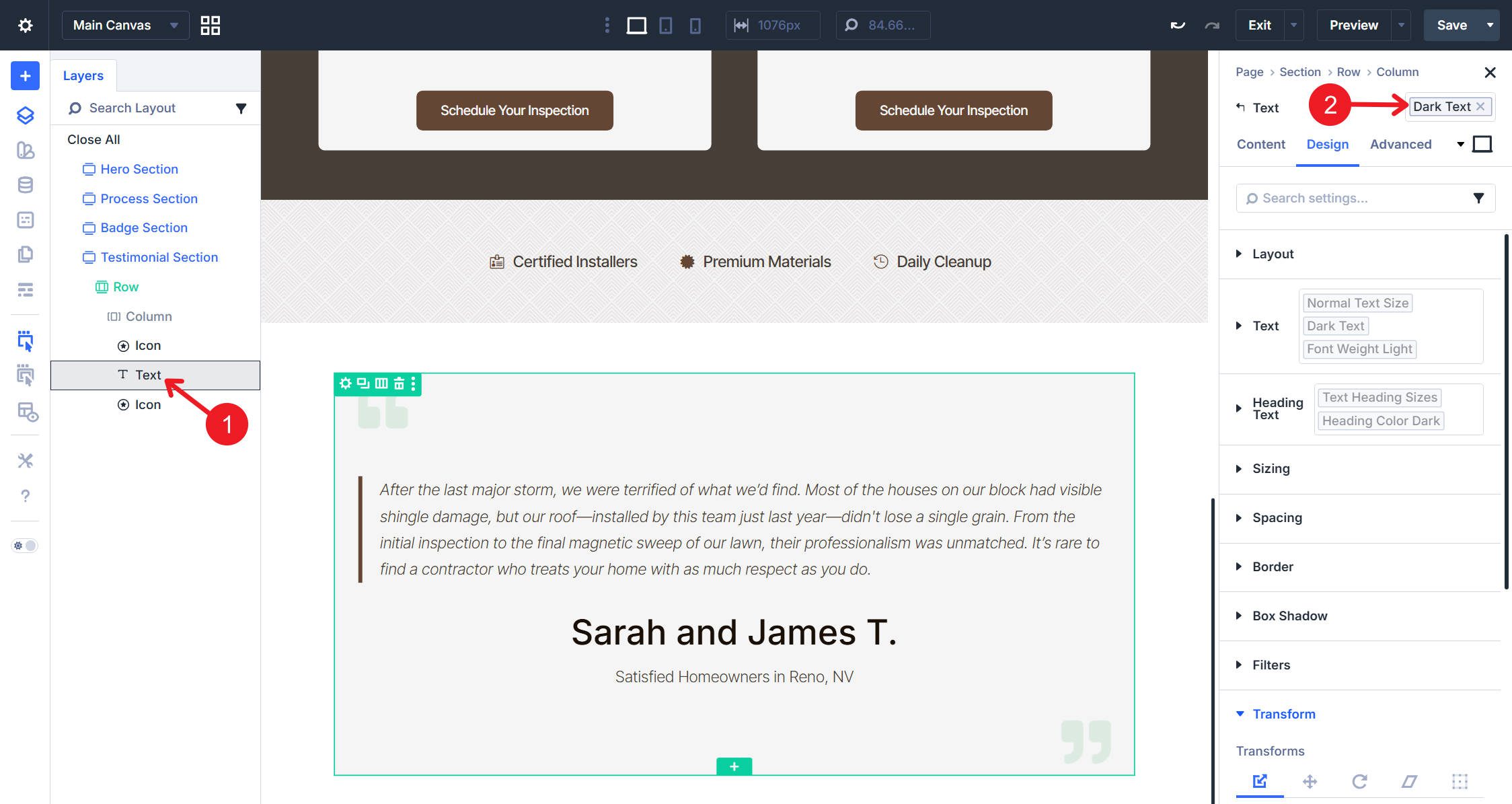 Testimonial Section Text Module Element Preset