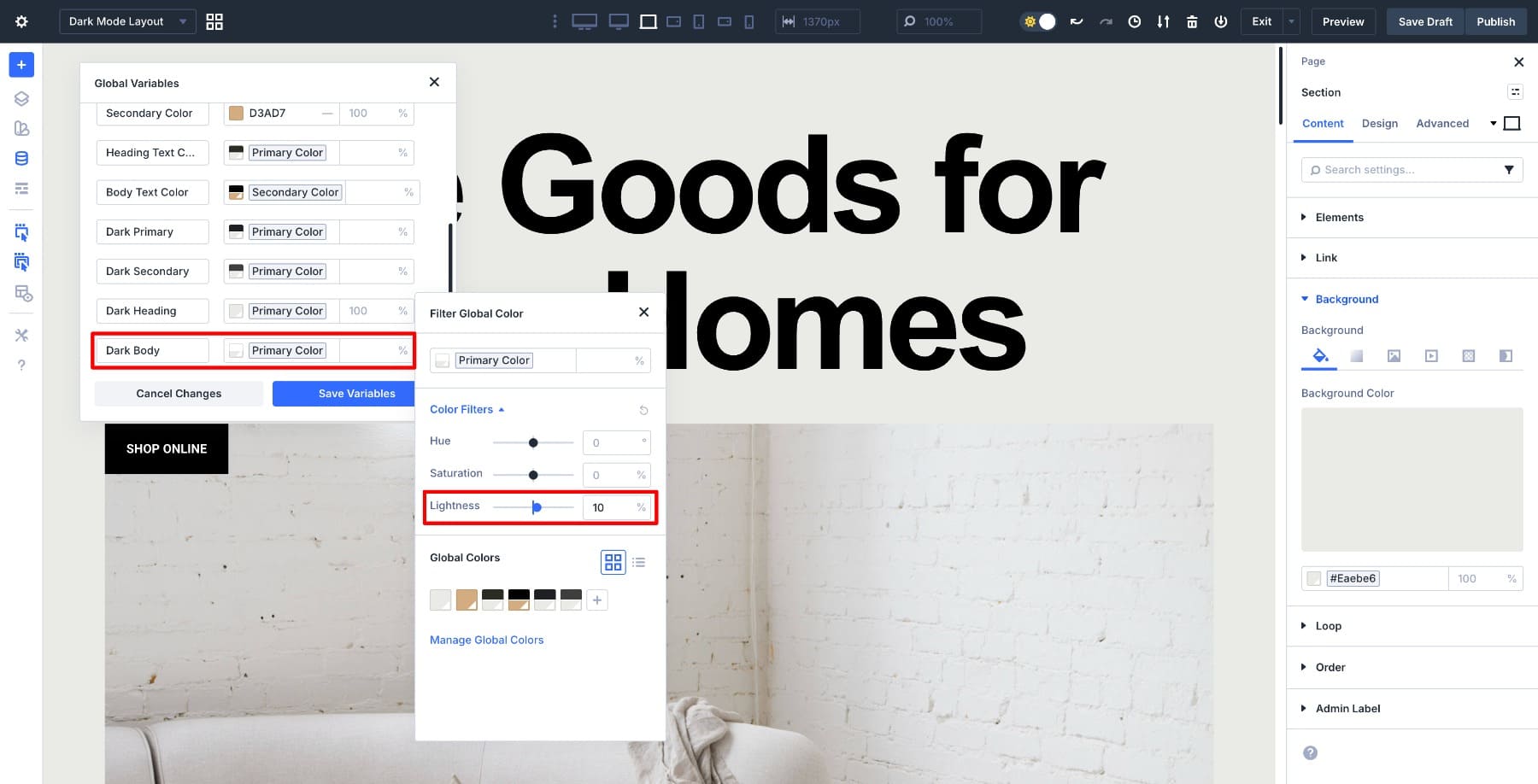 adjust lightness for dark body color