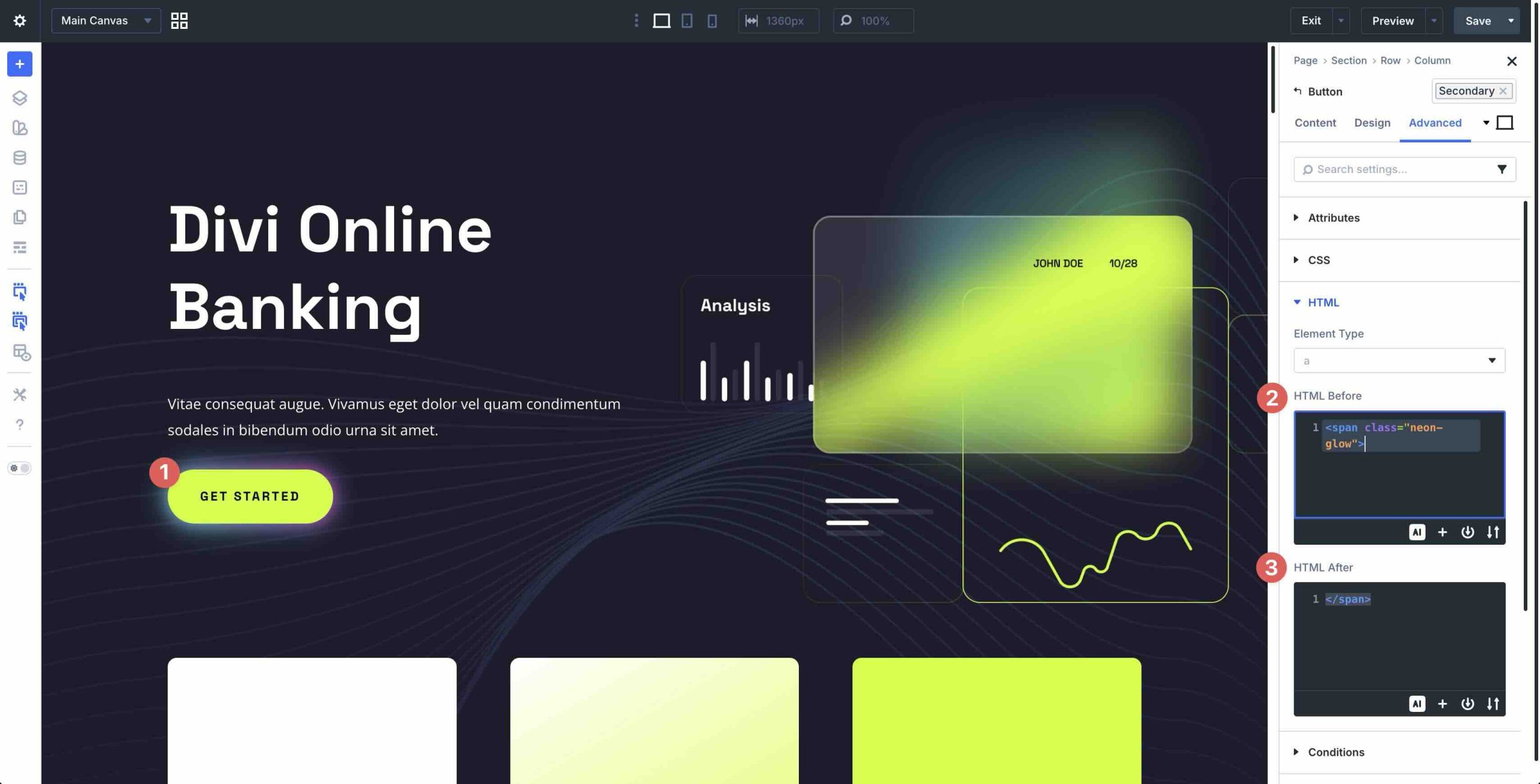 Adding button effects using Divi 5's Custom HTML Wrappers feature
