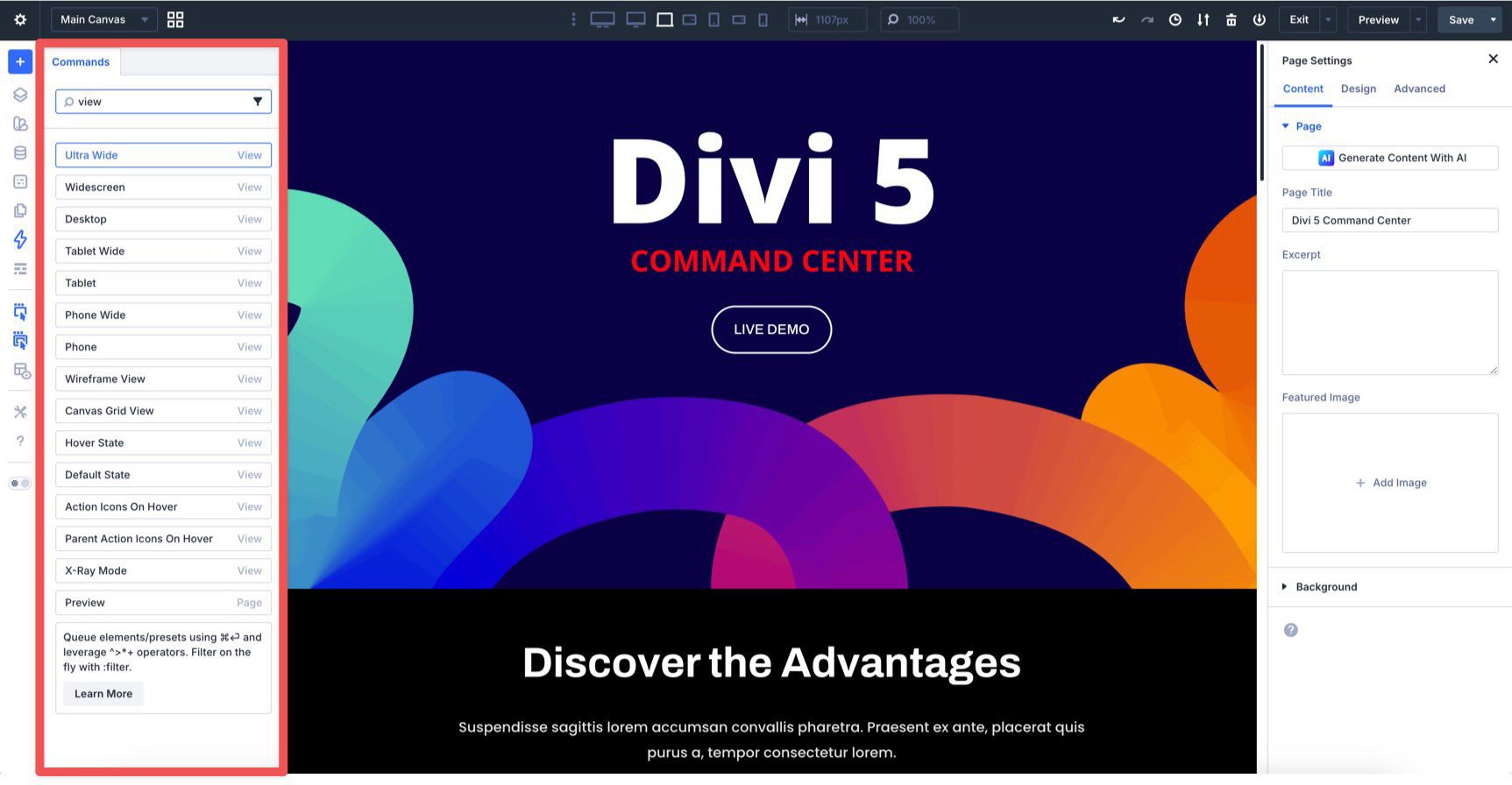 view settings in the Divi 5 Command Center