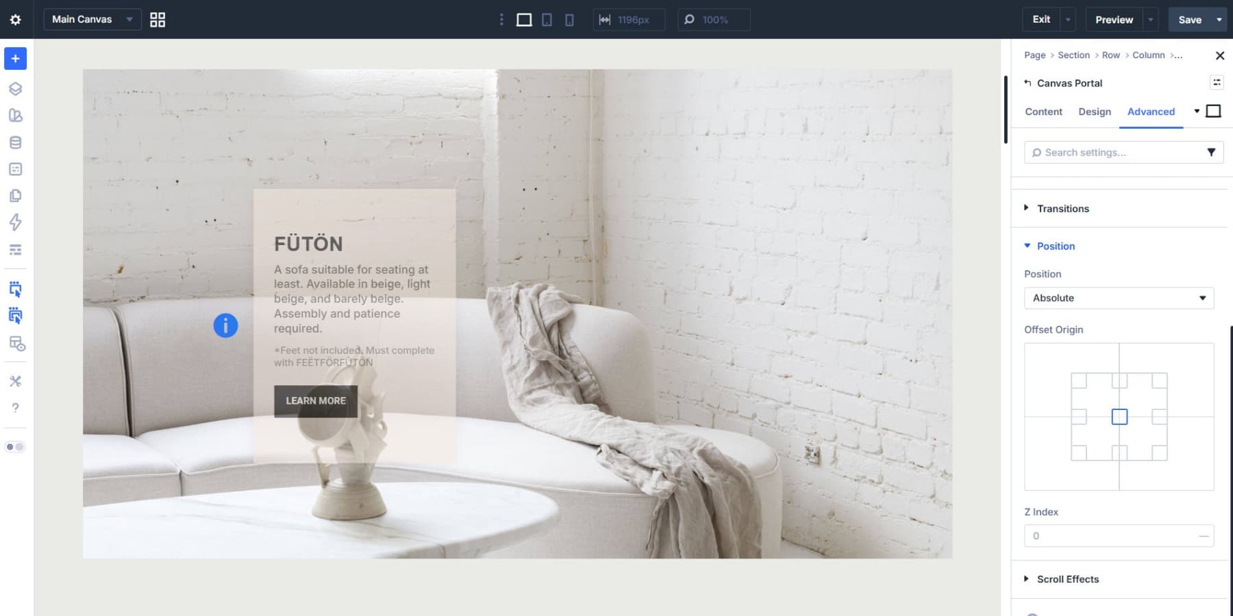 A screenshot of adding an absolute positioning to the canvas portal itself in Divi 5