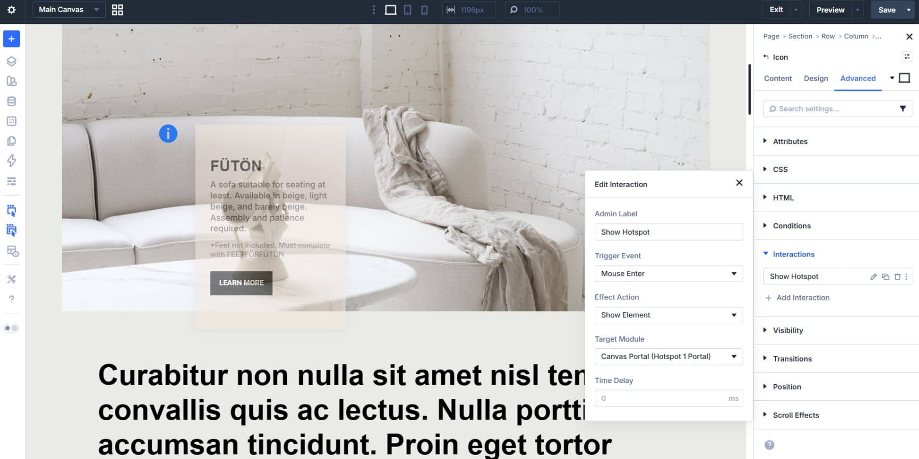 A screenshot of adding the show hotspot interaction to the marker to show the hidden canvas portal in Divi 5