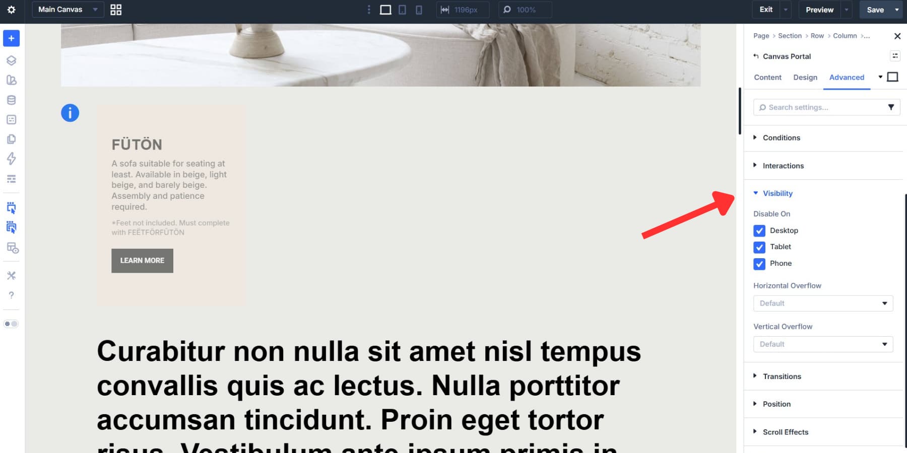 A screenshot of disabling visibility for the hotspot content in Divi 5