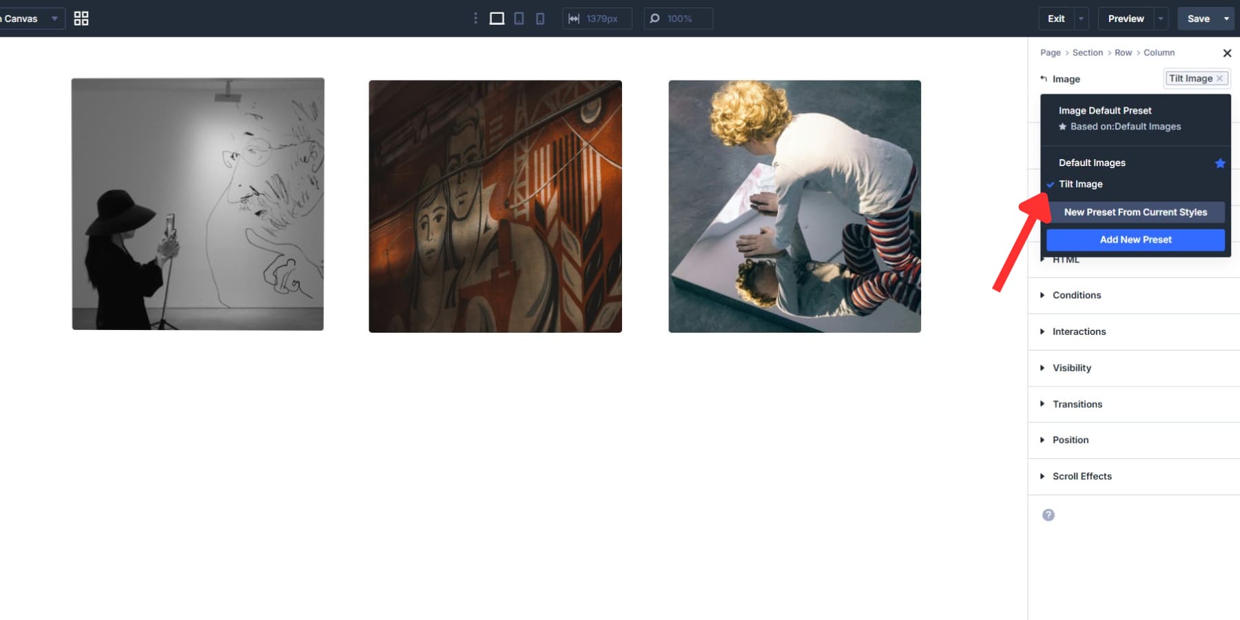 A screenshot of finding and applying the tilt image preset to other images