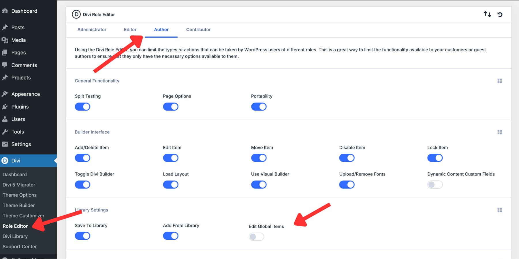 A screenshot of how to restrict access to headers and footers for client roles in Divi 5 using the Role Editor