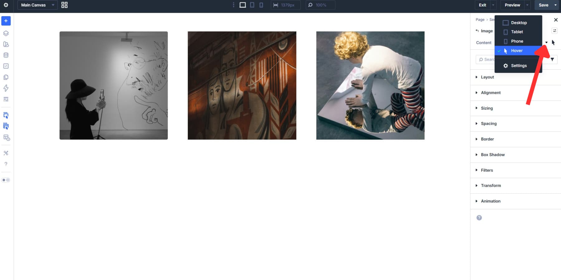 A screenshot of selecting the hover state in Divi 5