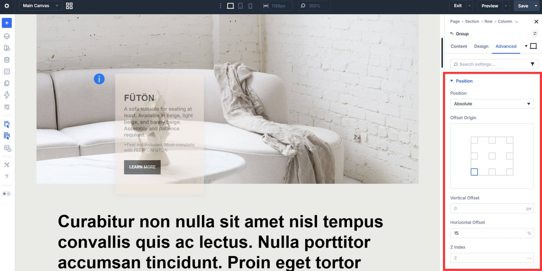 A screenshot of setting position for the hotspot group module in Divi 5