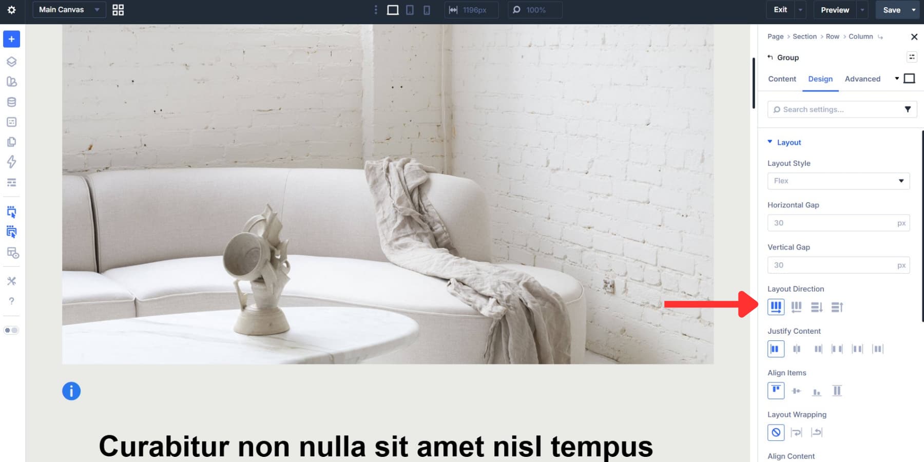 A screenshot of setting the layout direction to row in Divi 5