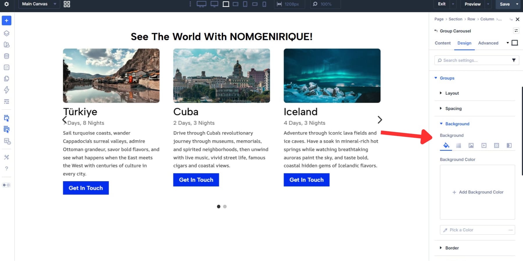 A screenshot of the background options available in the Group Carousel settings