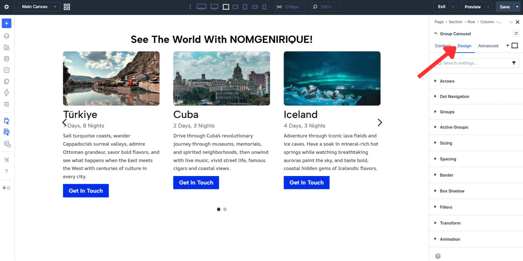 A screenshot of the Design tab in the Group Carousel settings