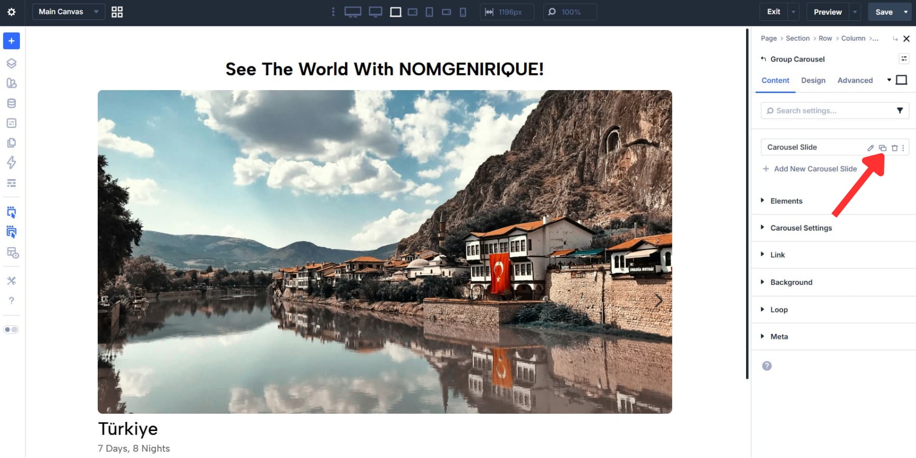 A screenshot of the duplicate carousel slide option in Divi 5's Group Carousel