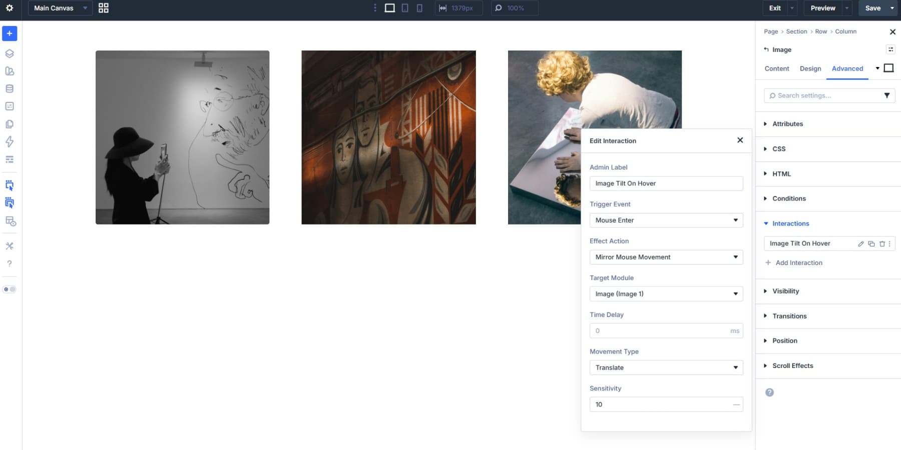 A screenshot of the first Interaction added for image tilt in Divi 5