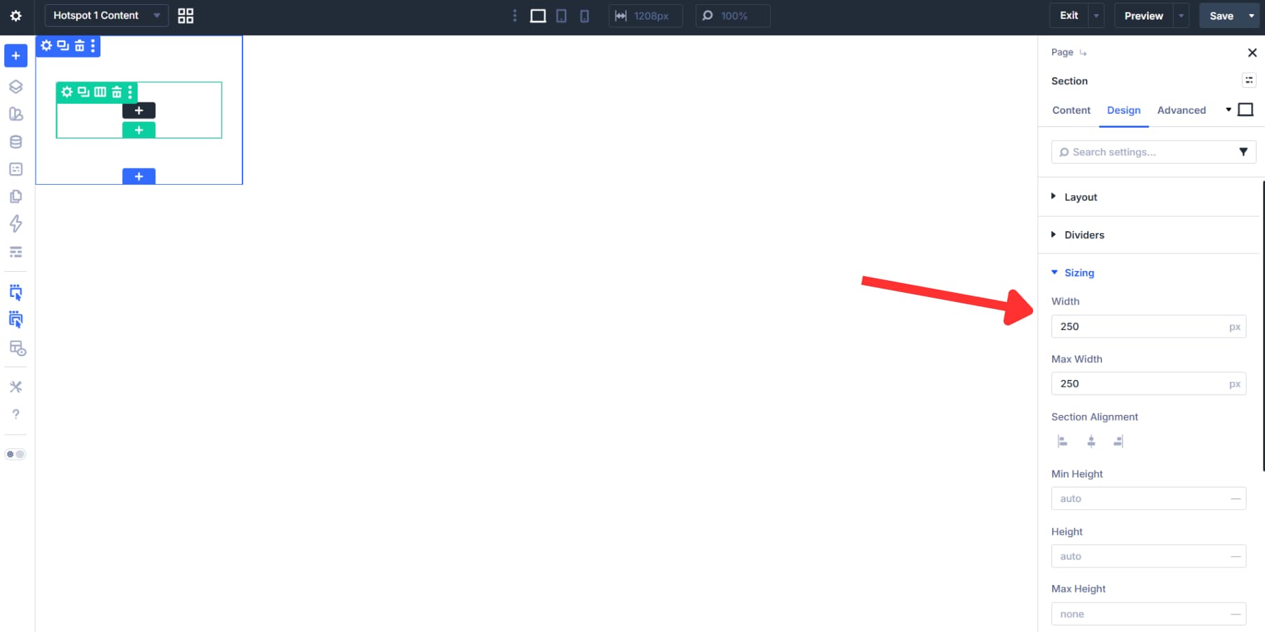 A screenshot of the setting a fixed width to the hotspot content section