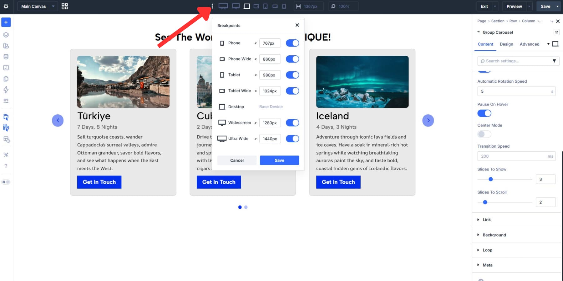 A screenshot of enabling additional screen breakpoints in Divi 5