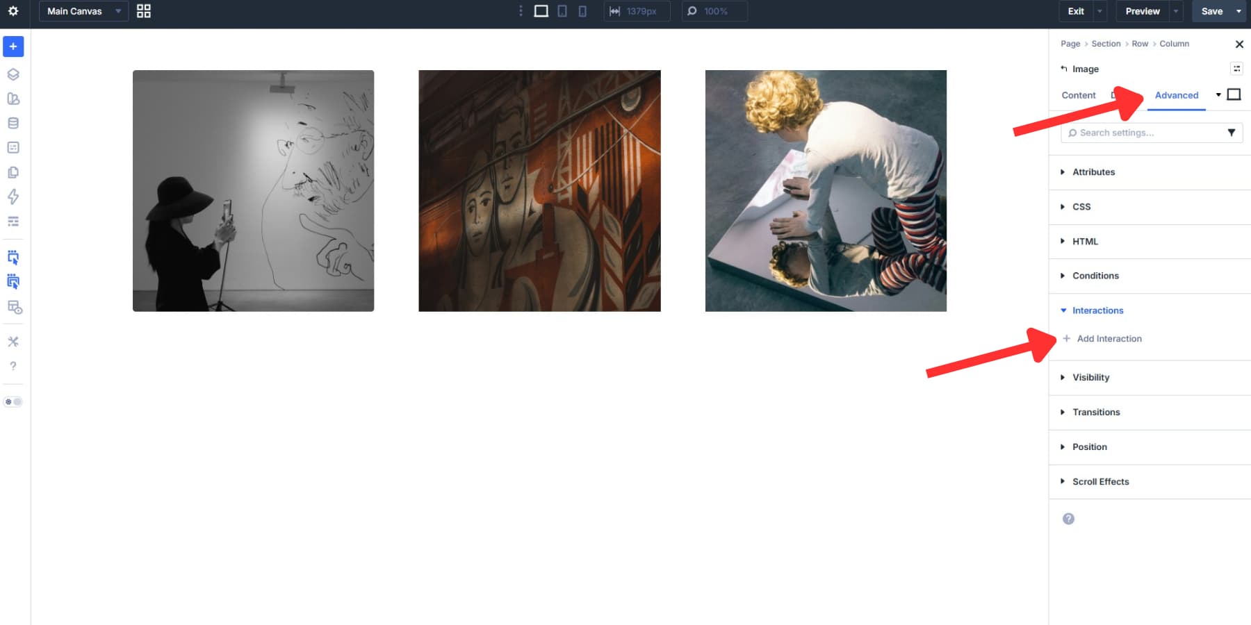 A screenshot of where to add Interactions in Divi 5