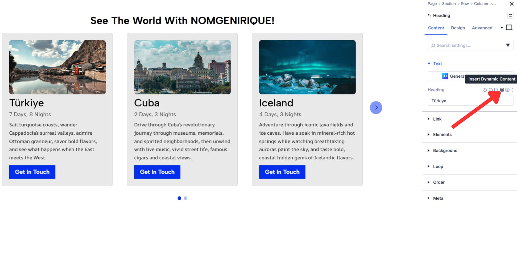 A screenshot of where to find the dynamic content option in Divi 5