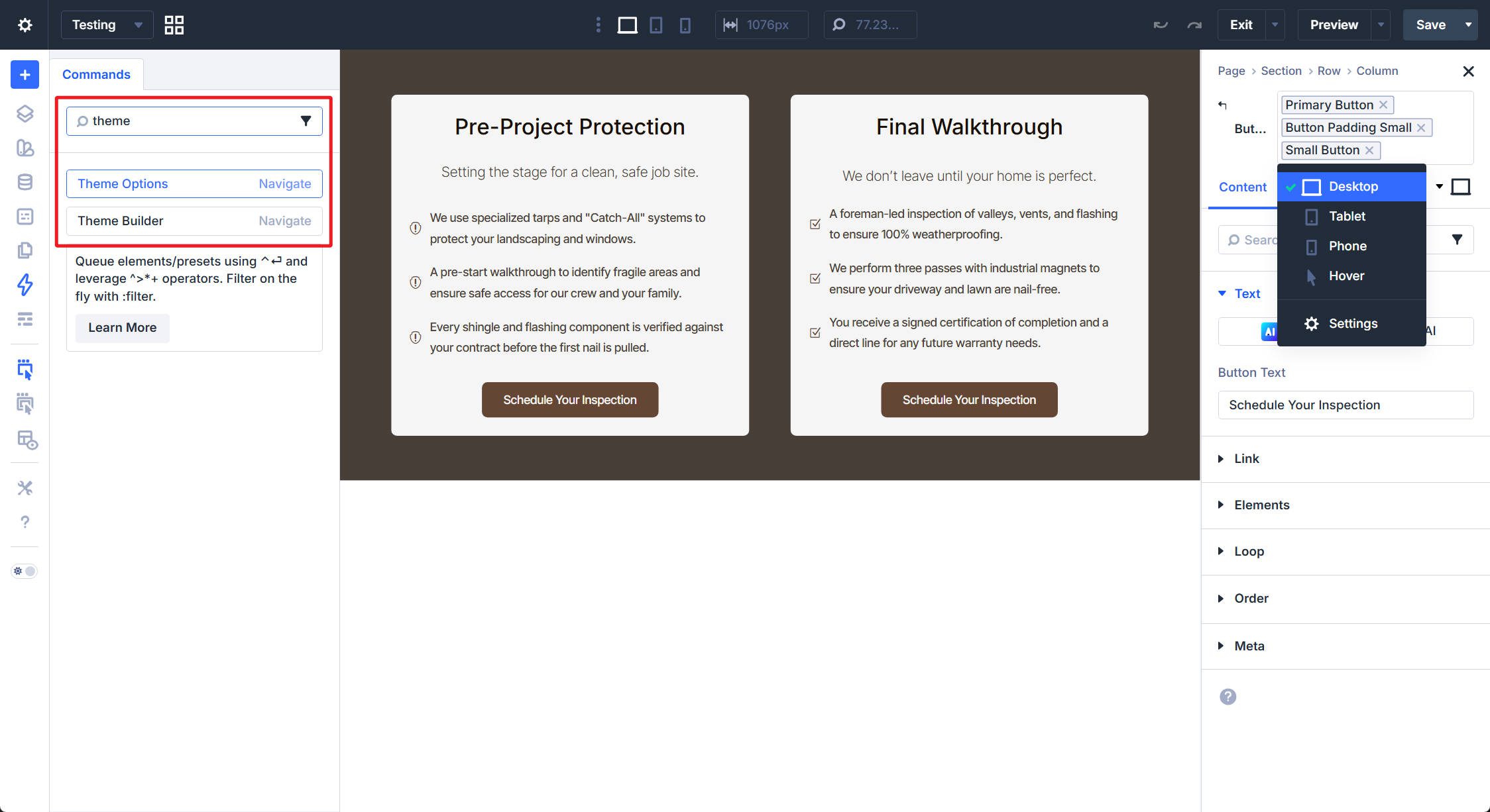 Commands to navigate to Theme Builder or Theme Options in Divi 5