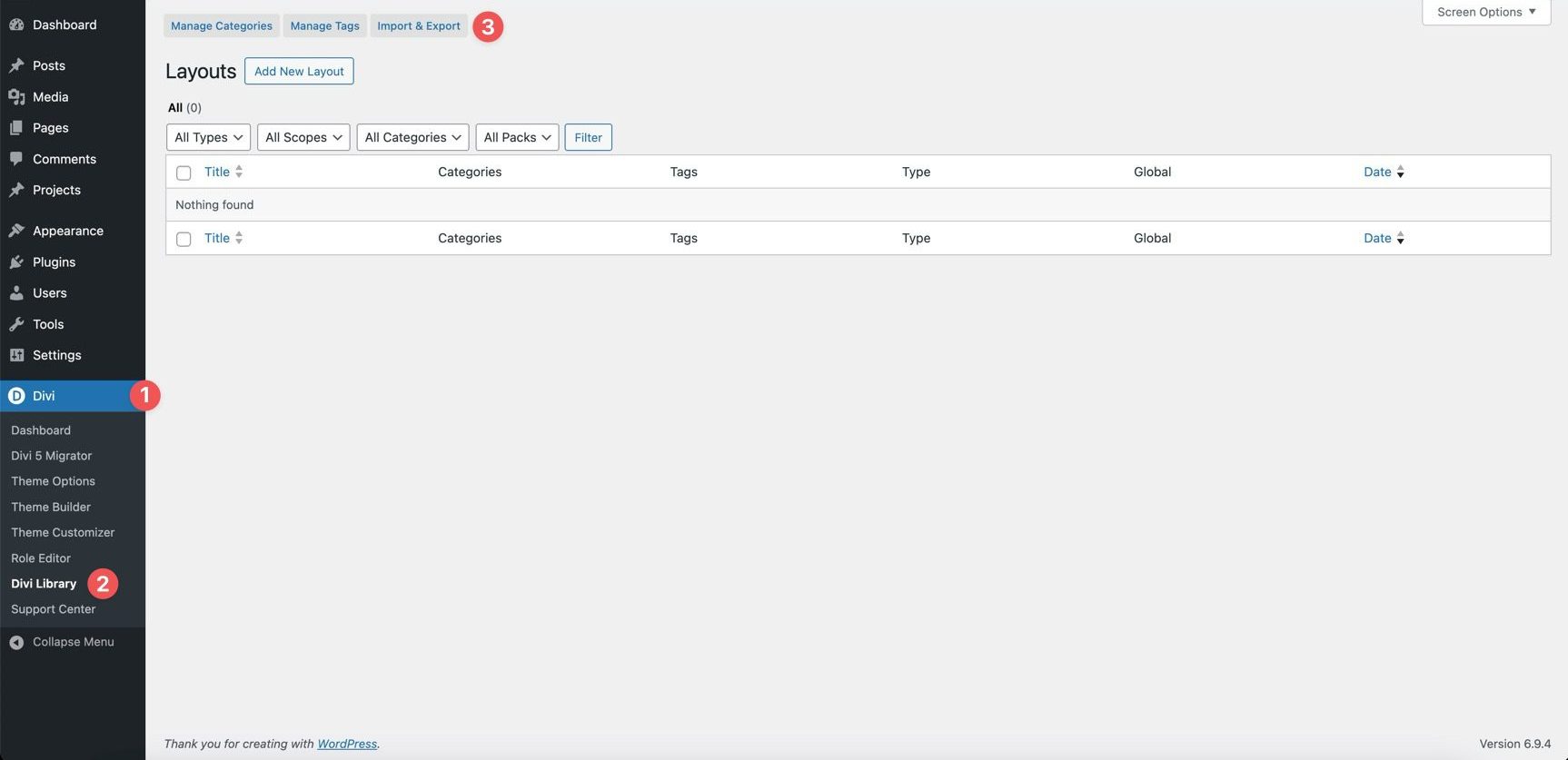 Divi Library import screen