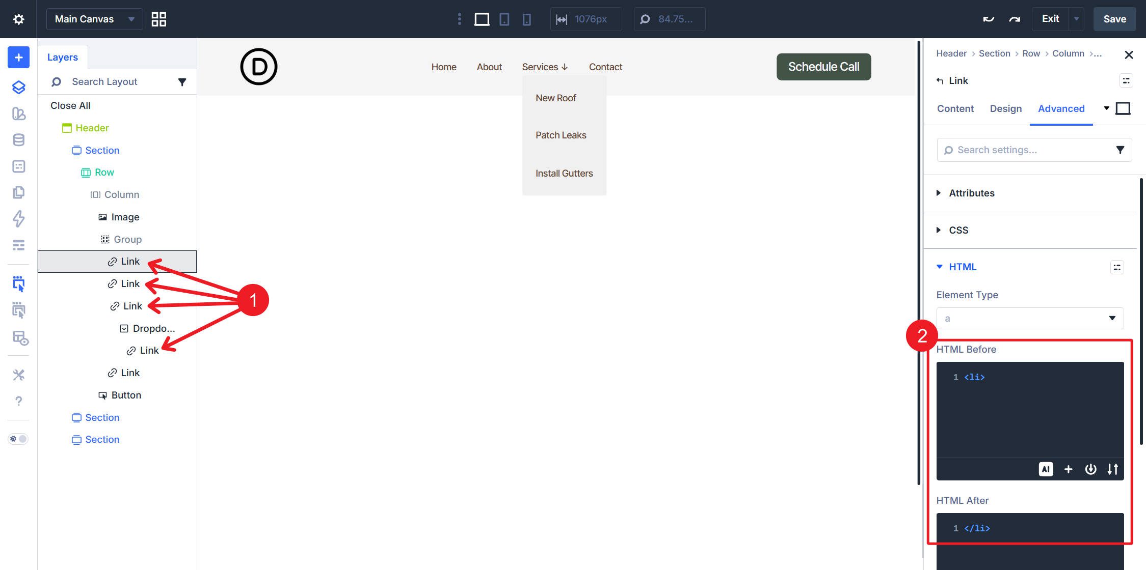 Dropdown menu top level link modules html beforeafter li