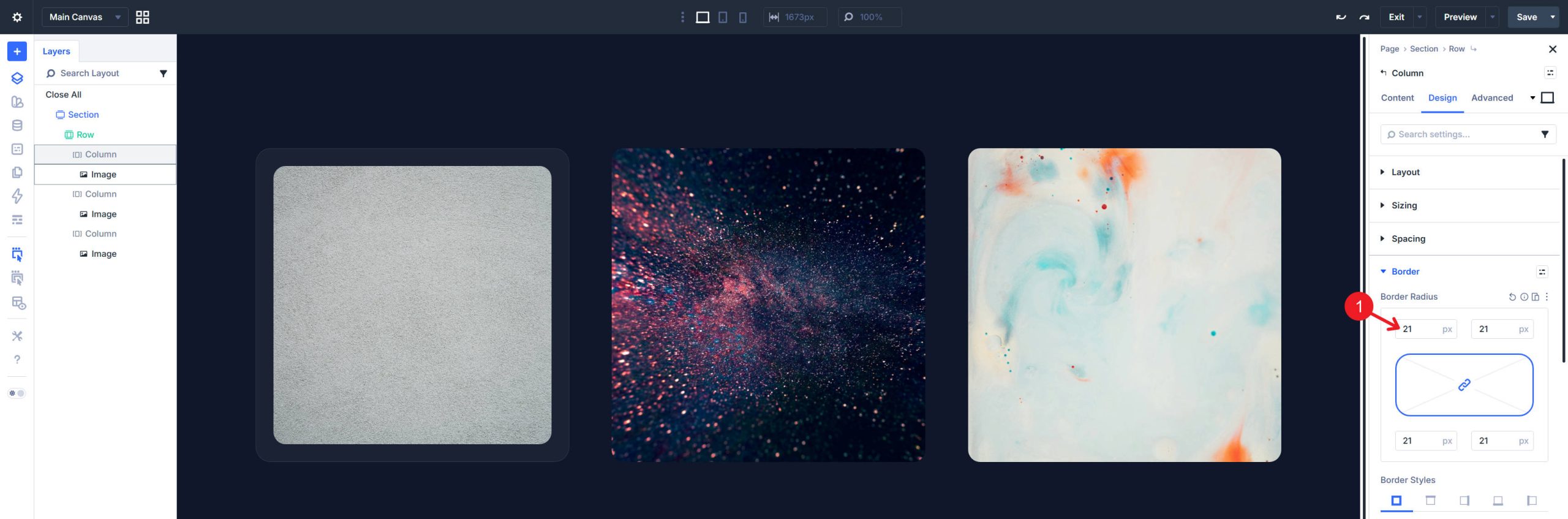Set border radius on the column