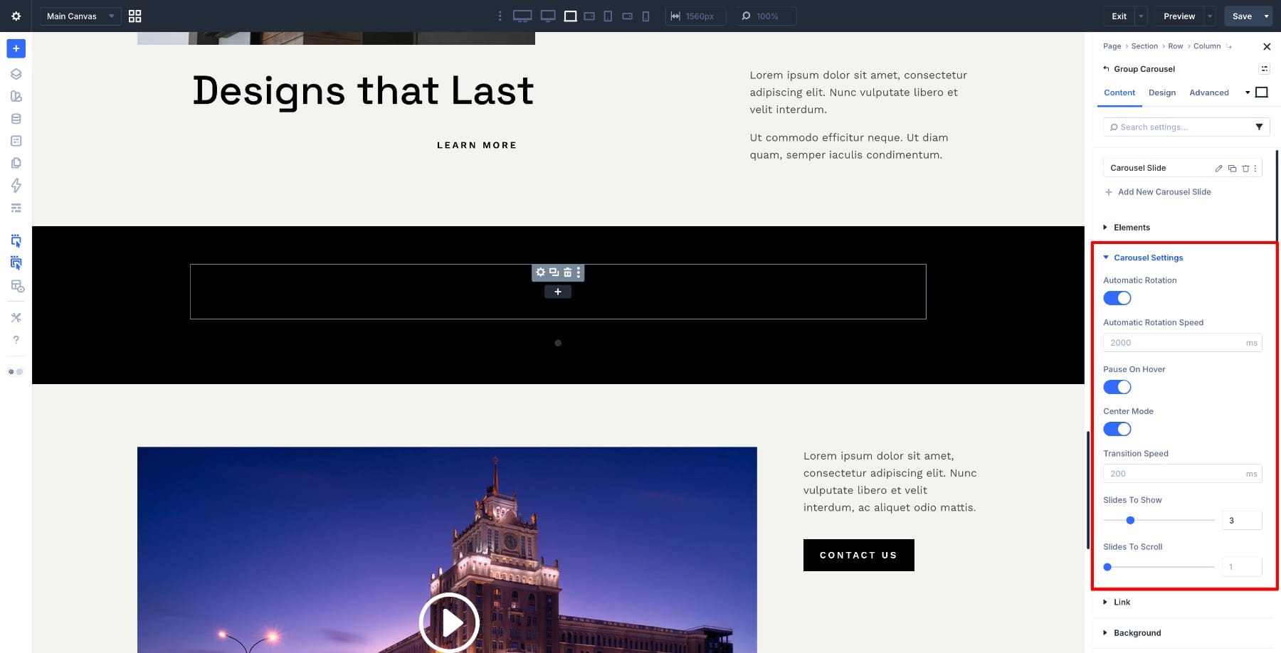 Group Carousel settings in Divi 5