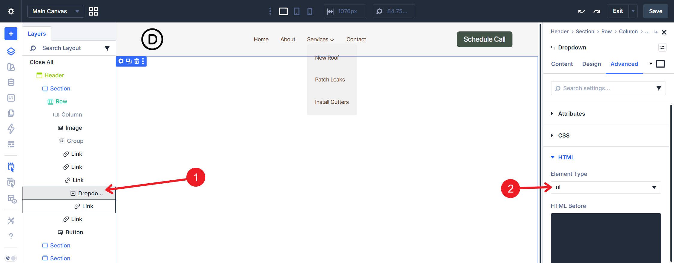 dropdown element type to ul