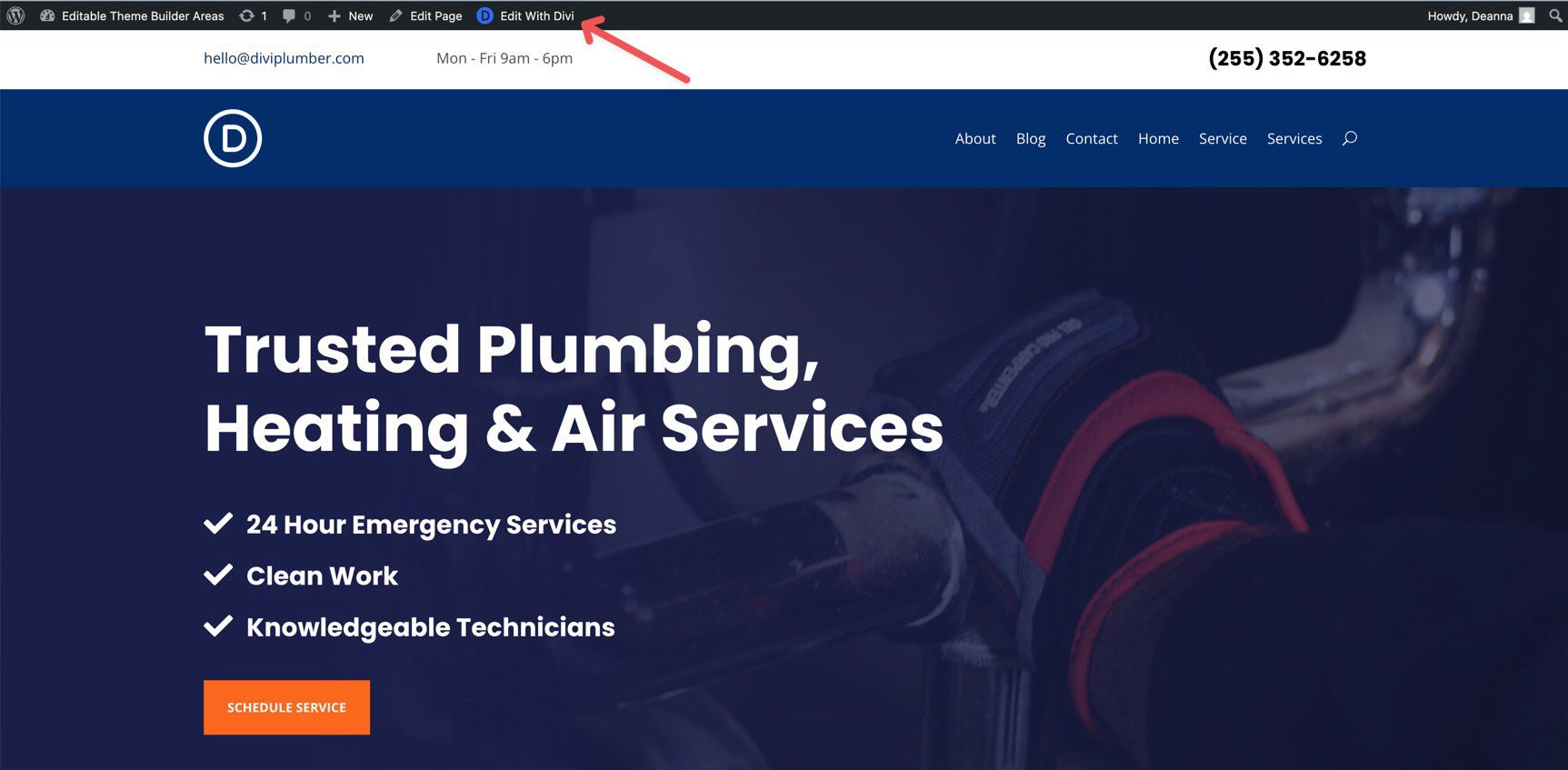 edit with Divi from the WordPress admin bar