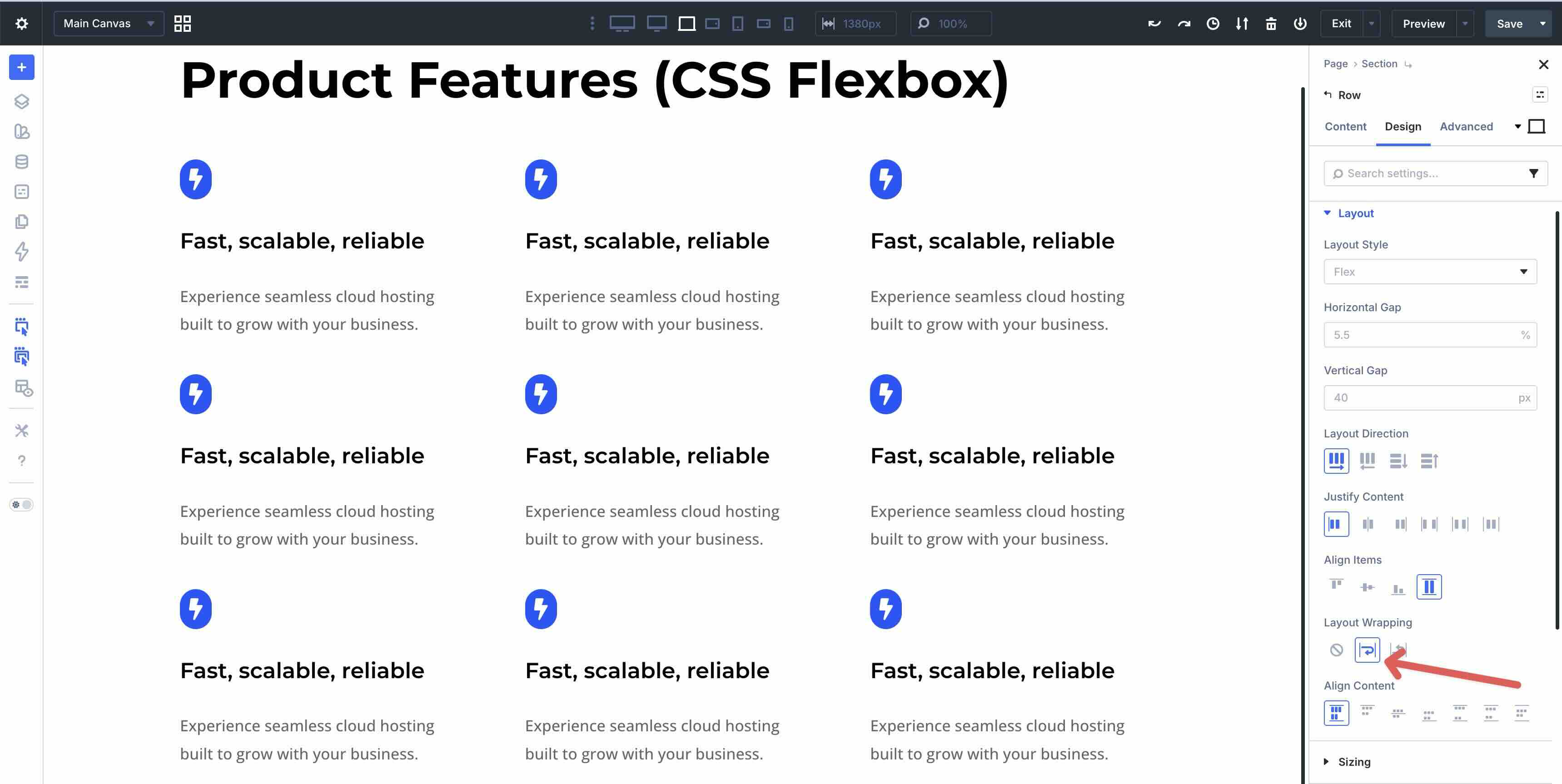 enabling Flex layout wrapping in Divi 5