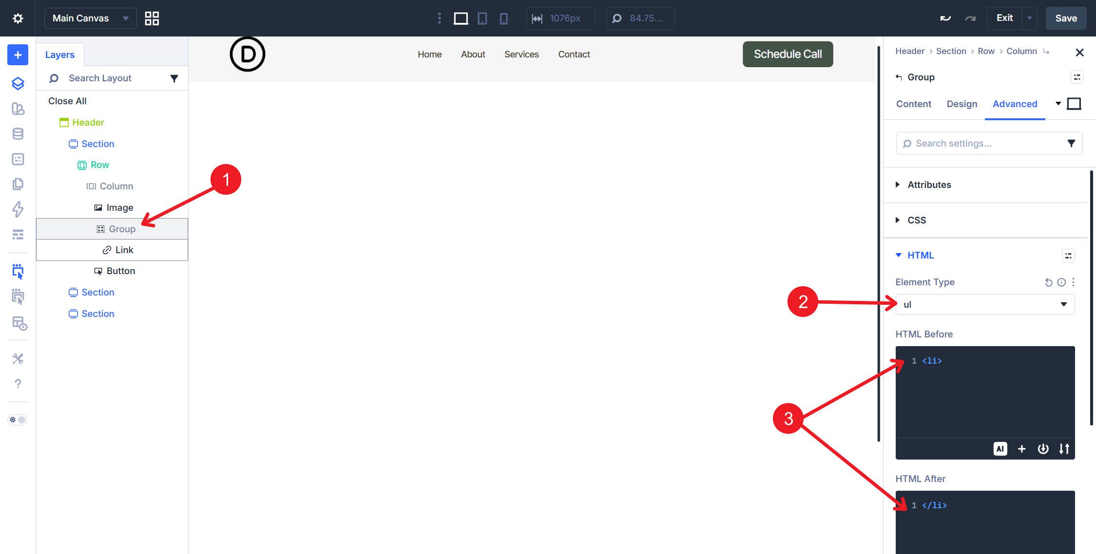 flat group element type ul and html before after li